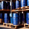 Blue barrel drum for liquid chemical storage in warehouse inventory