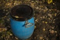 Blue barrel in garden. Water tank. Plastic barrel for watering plants Royalty Free Stock Photo