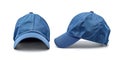 A blue baseball cap is shown from front and side angles, highlighting its casual and classic design Royalty Free Stock Photo