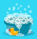 Blue basin with soap suds and yellow rubber duck. Concept for washing baby clothes or bathing. Vector illustration