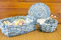 Blue basket full of handcolored Easter Eggs in decoupage Royalty Free Stock Photo