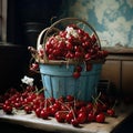 A blue basket full of juicy cherries