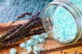 Blue bath salts and lavender Royalty Free Stock Photo