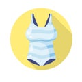 Blue bathing suit. Women beachwear. Modern fashionable One-piece swimsuit for swimming and sports. Flat cartoon icon