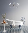 Blue bathroom with vintage bathtub