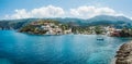 Blue bay of Assos village of Cefalonia island, Greece. Aerial panoramic drone photo travel summer vocation concept Royalty Free Stock Photo