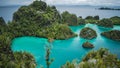 Blue bay with Pianemo island overgrown with jungle plants, surrounded by shallow blue ocean lagoon. View from the top
