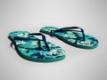 Blue beach slippers for girl with dark blue flowers 3d render on gray background with shadow Royalty Free Stock Photo