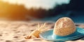 Blue beach straw hat and shells on sand on sea shore. Summer vacation concept background. Created with generative Ai Royalty Free Stock Photo