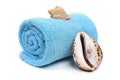 Blue beach towel with seashells Royalty Free Stock Photo