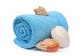 Blue beach towel with seashells Royalty Free Stock Photo