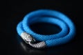 Blue beaded necklace with snake head lock on a dark background