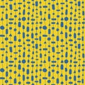 Blue beads on threads with yellow background seamless pattern. Circle, square, triangle abstract sunny print for textile