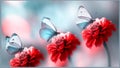 Blue beautiful butterflies on red flowers in the summer garden. Spring summer background. Royalty Free Stock Photo