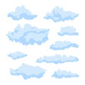 Blue beautiful fluffy curly clouds on a white background. A set of cute clouds