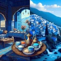 The blue beauty of Chefchaouen, with traditional Moroccan tea ceremony, two dimensional art, Morocco, travel desitnation