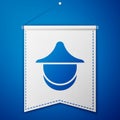 Blue Beekeeper with protect hat icon isolated on blue background. Special protective uniform. White pennant template