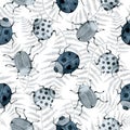 Blue beetle, wild insect, indigo seamless pattern, wild insects, watercolor vintage hand drawing