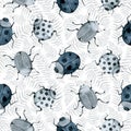 Blue beetle, wild insect, indigo seamless pattern, wild insects, watercolor vintage hand drawing