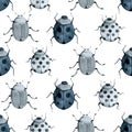 Blue beetle, wild insect, indigo seamless pattern, wild insects, watercolor vintage hand drawing