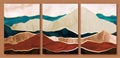 Blue, beige, brown earth tones and gold mountain, hills, sea wall art triptych. Abstract landscape collage Royalty Free Stock Photo