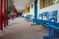 Blue bench in school yard Royalty Free Stock Photo