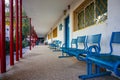 Blue bench in school yard Royalty Free Stock Photo