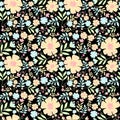Blue and berries black background seamless repeat pattern floral design