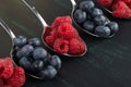 blue-berries and raspberries in iron spoons on a dark background