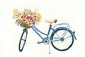 Blue bicycle with flowers in basket on white background