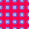 Blue Bicycle sprocket crank icon isolated seamless pattern on red background. Vector Royalty Free Stock Photo