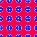 Blue Bicycle sprocket crank icon isolated seamless pattern on red background. Vector Royalty Free Stock Photo