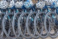 Blue bicycles and white helmets Royalty Free Stock Photo