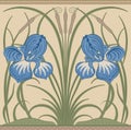 Blue big irises and green reeds decorative border pattern on light background. Vector illustration.