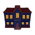 Blue big scary house with a brown roof. Vector illustration.