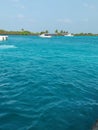 Blue sea water with a big ship in nature and sky Royalty Free Stock Photo