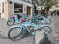 Blue Bike Tours bicycles parked outside bookstore in Paris