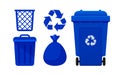 Blue Bin set, Recycle Bin and Blue Plastic Bags Waste isolated on white Background, Bins blue with Recycle Waste Symbol, Front