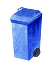 Blue bin watercolor, trash bin for waste, plastic trash can illustration Royalty Free Stock Photo