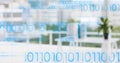 Blue binary code against blurry white office Royalty Free Stock Photo