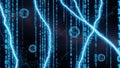 Blue digital rain with glowing spheres and lightning streaks binary code data stream Royalty Free Stock Photo