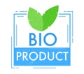 Blue bio product label with green leaves, eco-friendly emblem. Organic food packaging, natural badge design vector