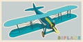 Blue biplane in vintage and color stylization. Model aircraft propeller.