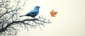 Blue bird atop tree branch with orange maple leaf against white sky backdrop Royalty Free Stock Photo