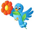 Blue bird carrying flower