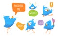 Blue bird messages. Cartoon animal with speech bubbles, social media cute stickers vector set Royalty Free Stock Photo