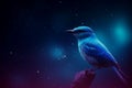 Blue bird in night glowing space. Generate ai