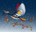 Blue bird in the night winter sky. Christmas card.