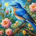 A blue bird perched on a branch, with rose bush, summer day, sunny, van gogh atyle, painting art, animal