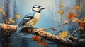 Blue Bird Perched On Branch: A Stunning Realism Painting Royalty Free Stock Photo